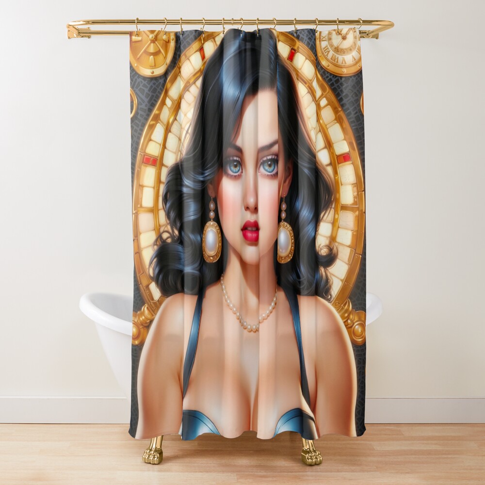 Classic Elegance Of An Enchanting Retro Fusion Pin Up Beauty Captivating AI Concept Art by Xzendor7 Decorative Art Print Shower Curtain