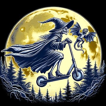 Vorschaubild zum Design Hexe mit einem Tretroller ohne Besen ist fliegend vor einem Vollmond. von Matzi-MV