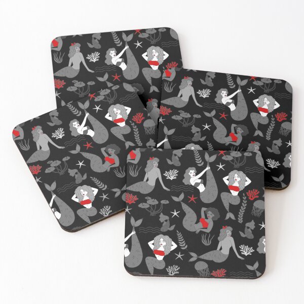 Item preview, red black mermaids pattern print designed and sold by Gossip Rag.