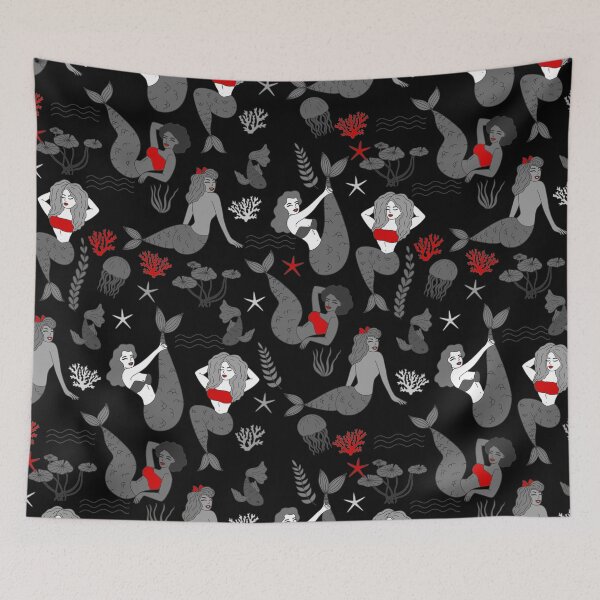 Item preview, red black mermaids pattern print designed and sold by Gossip Rag.