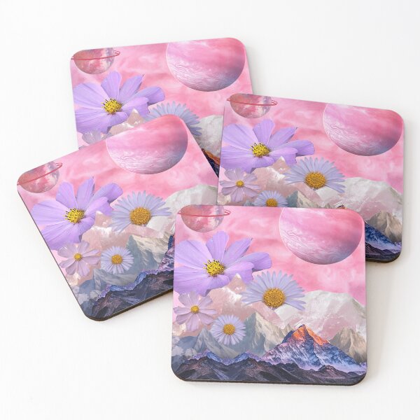 Item preview, 'Candy Floss Cosmos' Pink Cut Out Collage of Mountains, Flowers +  Planets designed and sold by Venus-in-Virgo.