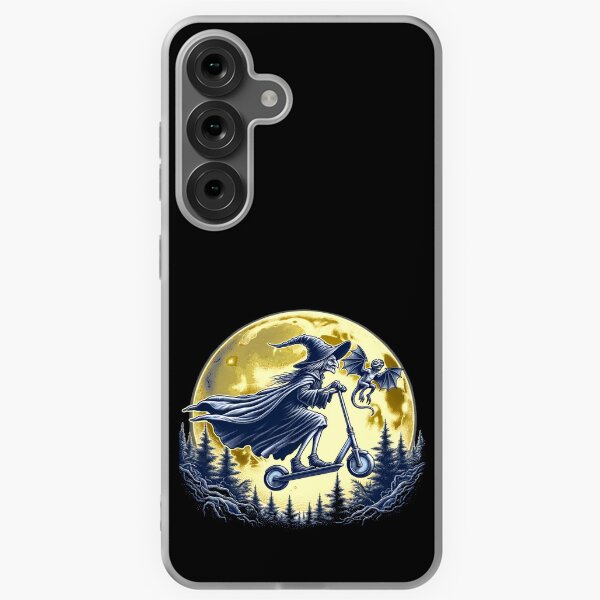 Hexe mit einem Tretroller ohne Besen ist fliegend vor einem Vollmond. Samsung Galaxy Flexible Hülle