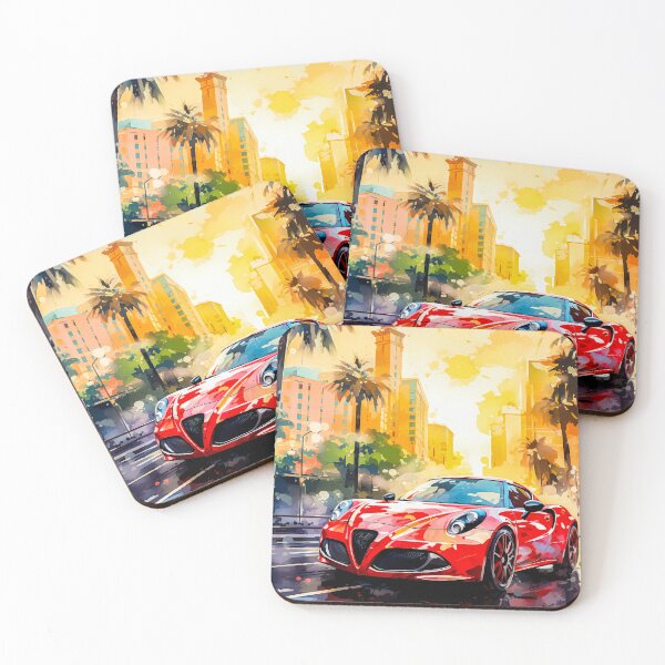 Item preview, Red Alfa Romeo 4C in Vibrant Urban Sunset, Modern Cityscape Art designed and sold by RevUpDesign.