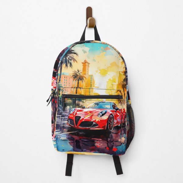 Item preview, Red Alfa Romeo 4C in Vibrant Urban Sunset, Modern Cityscape Art designed and sold by RevUpDesign.