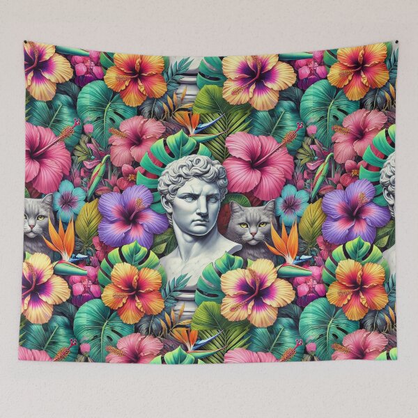 Item preview, David in Tropical Chaos, leaves, flowers, hibiscus, cat designed and sold by humminghaven.