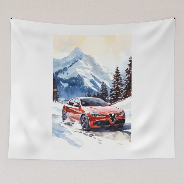 Item preview, Red Alfa Romeo Stelvio Veloce Driving in Snowy Mountain Landscape designed and sold by RevUpDesign.