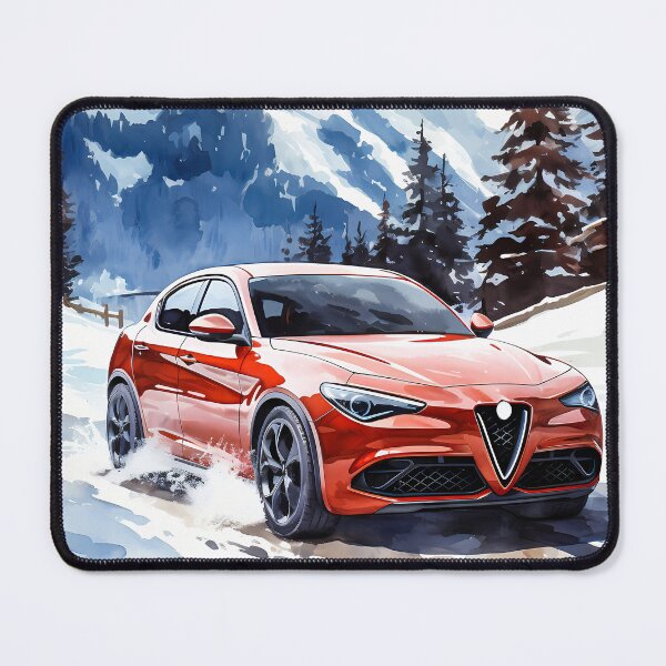 Item preview, Red Alfa Romeo Stelvio Veloce Driving in Snowy Mountain Landscape designed and sold by RevUpDesign.