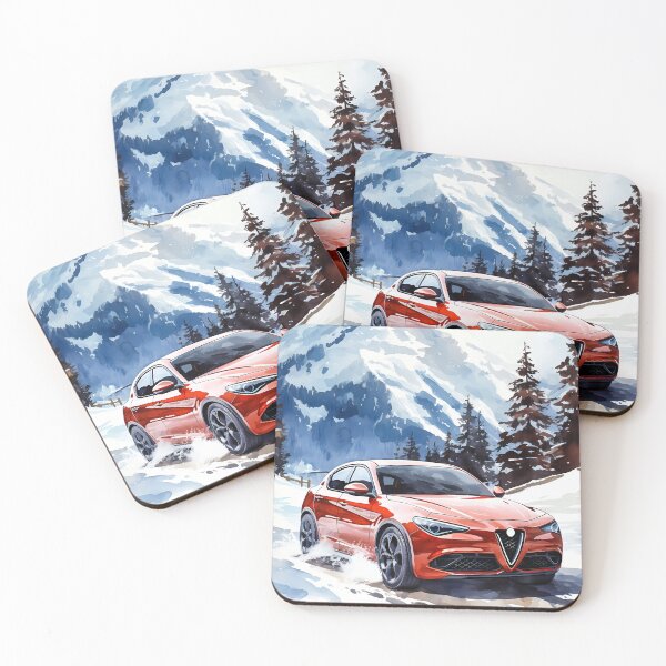 Item preview, Red Alfa Romeo Stelvio Veloce Driving in Snowy Mountain Landscape designed and sold by RevUpDesign.