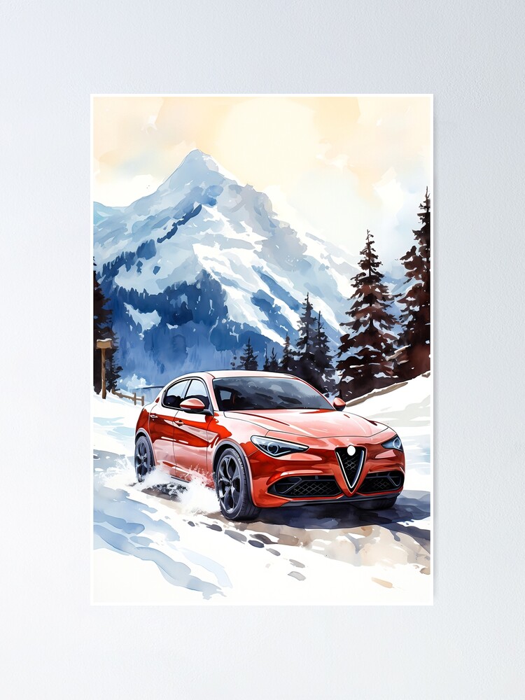 Red Alfa Romeo Stelvio Veloce Driving in Snowy Mountain Landscape