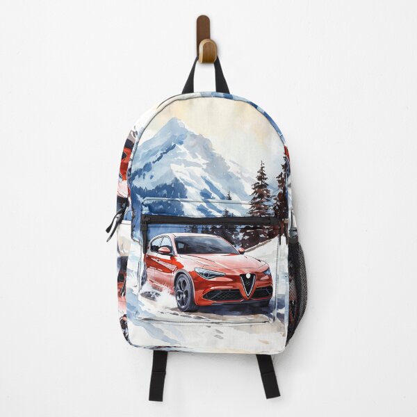 Item preview, Red Alfa Romeo Stelvio Veloce Driving in Snowy Mountain Landscape designed and sold by RevUpDesign.