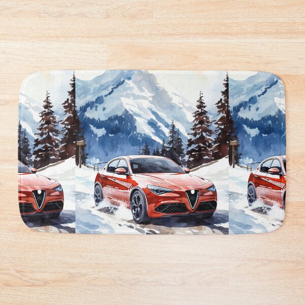 Item preview, Red Alfa Romeo Stelvio Veloce Driving in Snowy Mountain Landscape designed and sold by RevUpDesign.