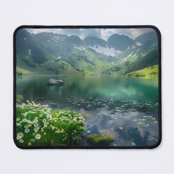 Item preview, Serene mountain lake with wildflowers and lush greenery. designed and sold by Artessie.