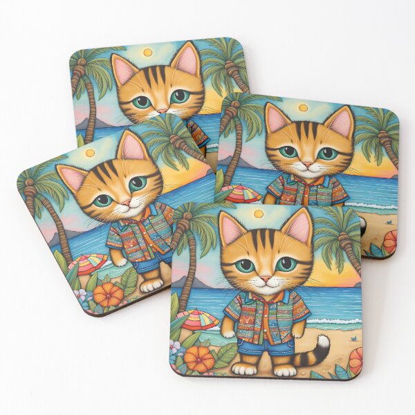 Item preview, Folk Art Kitten wearing Bermuda shorts and shirt designed and sold by Colin Bentham.