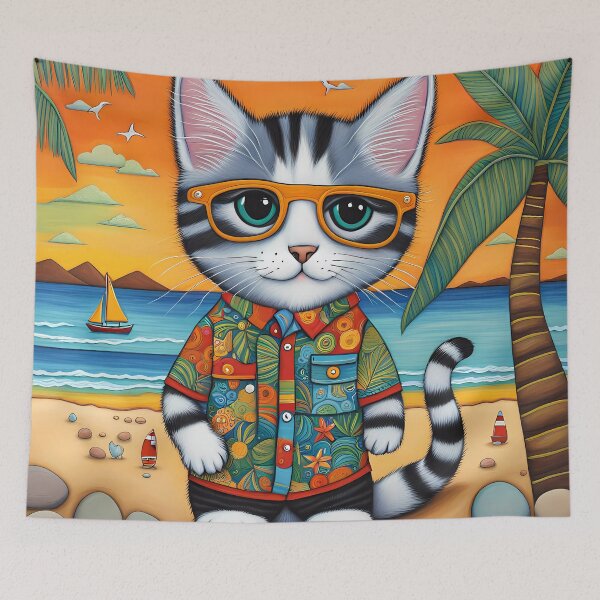 Item preview, Folk Art Kitten wearing Bermuda shorts and shirt designed and sold by Colin Bentham.