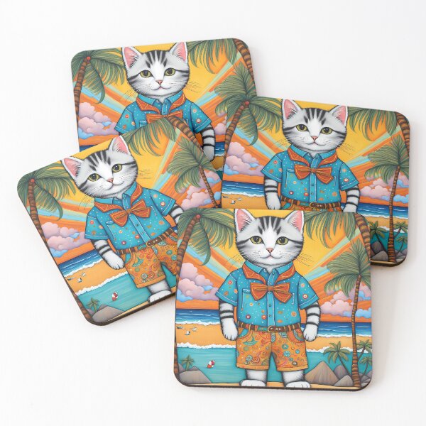 Item preview, Folk Art Kitten wearing Bermuda shorts and shirt designed and sold by Colin Bentham.