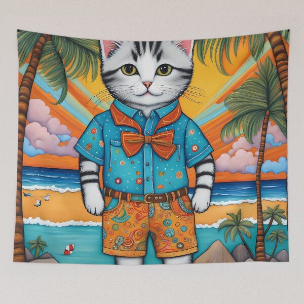 Item preview, Folk Art Kitten wearing Bermuda shorts and shirt designed and sold by Colin Bentham.