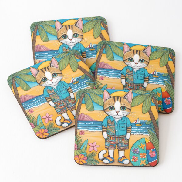 Item preview, Folk Art Kitten wearing Bermuda shorts and shirt designed and sold by Colin Bentham.