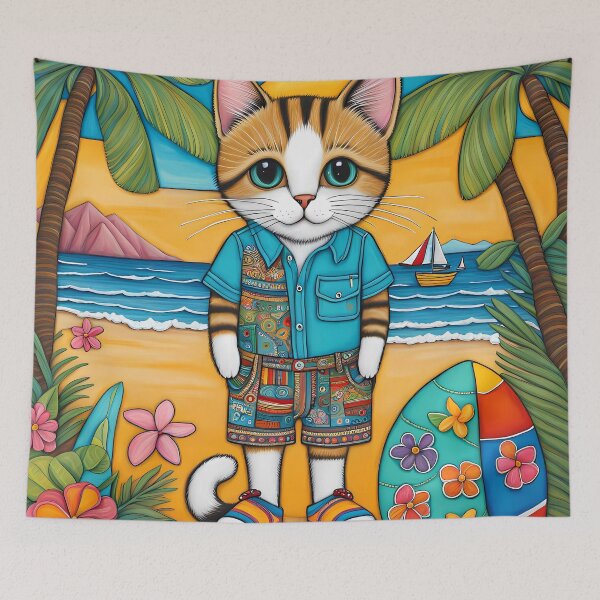 Item preview, Folk Art Kitten wearing Bermuda shorts and shirt designed and sold by Colin Bentham.