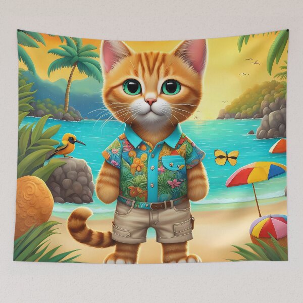 Item preview, Folk Art Kitten wearing Bermuda shorts and shirt designed and sold by Colin Bentham.