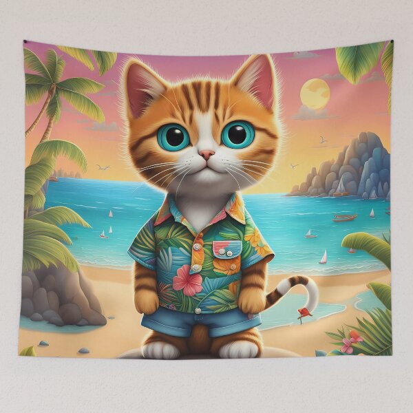 Item preview, Folk Art Kitten wearing Bermuda shorts and shirt designed and sold by Colin Bentham.