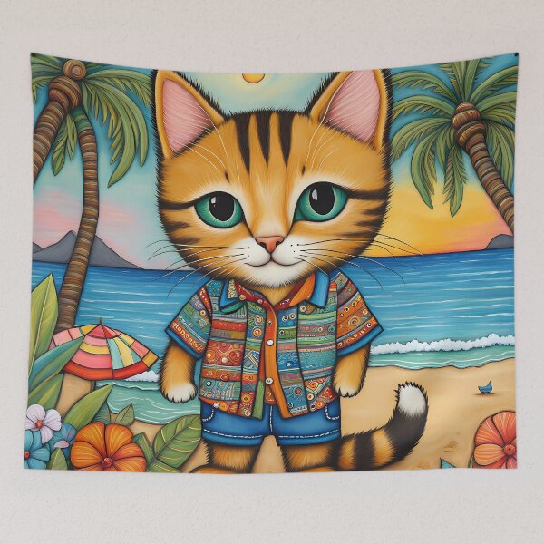 Item preview, Folk Art Kitten wearing Bermuda shorts and shirt designed and sold by Colin Bentham.