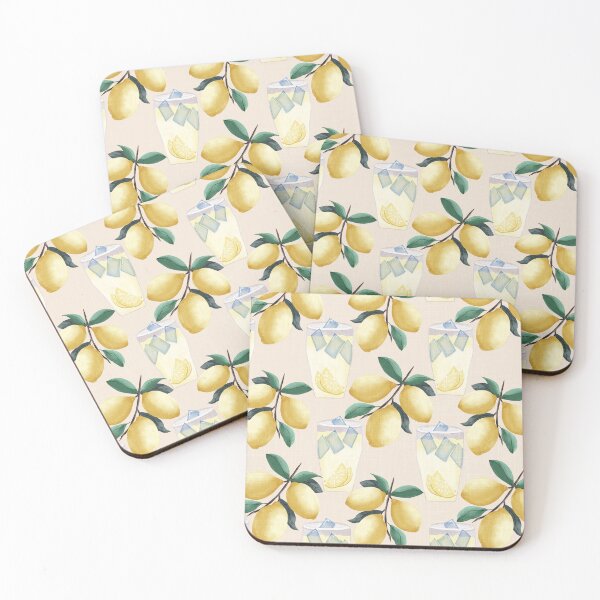Item preview, Painterly lemons and a glass of lemonade with ice cubes on a light beige background with a linen texture - light neutral designed and sold by JasmineGDesigns.