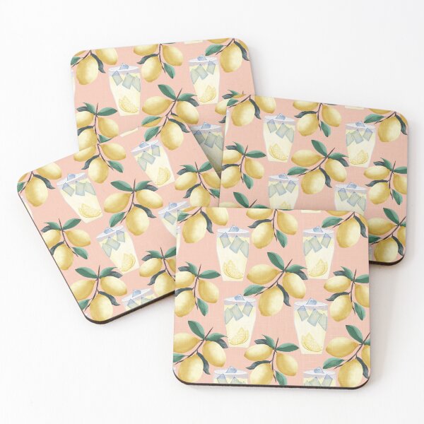 Item preview, Painterly lemons and a glass of lemonade with ice cubes on a peach background with a linen texture designed and sold by JasmineGDesigns.