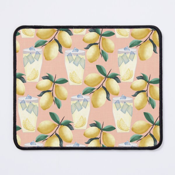 Item preview, Painterly lemons and a glass of lemonade with ice cubes on a peach background with a linen texture designed and sold by JasmineGDesigns.