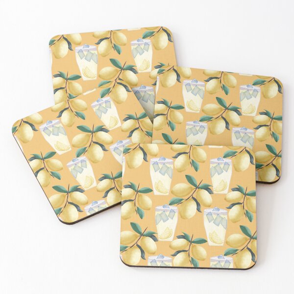 Item preview, Copy of Painterly lemons and a glass of lemonade with ice cubes on a yellow orange background with a linen texture designed and sold by JasmineGDesigns.
