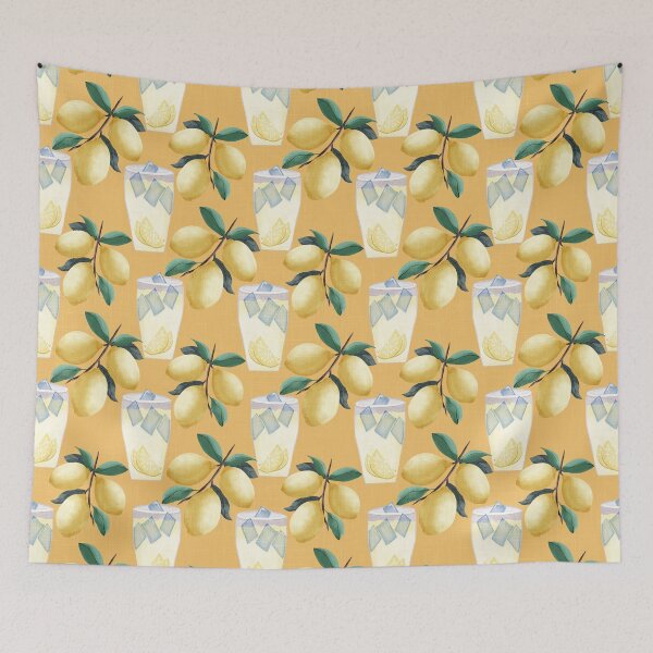 Item preview, Copy of Painterly lemons and a glass of lemonade with ice cubes on a yellow orange background with a linen texture designed and sold by JasmineGDesigns.