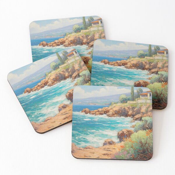 Item preview, House on cliffs and rough ocean with cliffs - Acrylic landscape painting designed and sold by TheArtistOf2022.