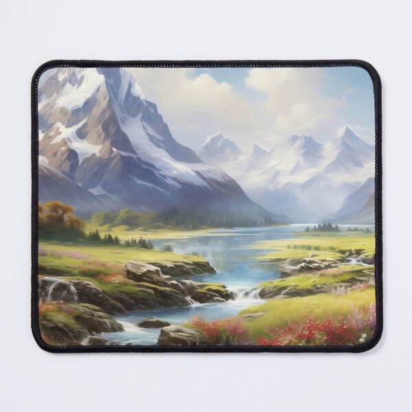 Item preview, Mountains and river with flowers - Landscape painting designed and sold by TheArtistOf2022.