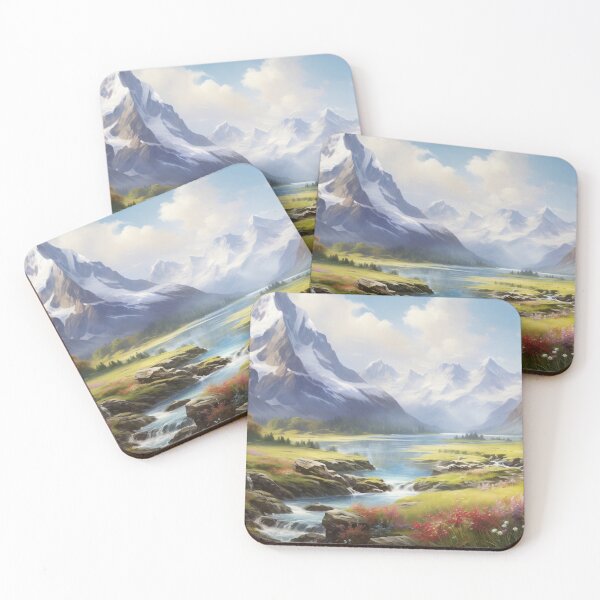 Item preview, Mountains and river with flowers - Landscape painting designed and sold by TheArtistOf2022.