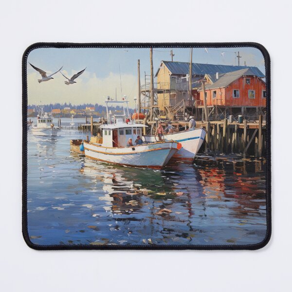Item preview, Old boats in harbor at sunrise - Acrylic landscape painting designed and sold by TheArtistOf2022.