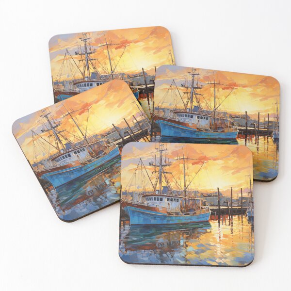 Item preview, Old boats in harbor at sunrise - Acrylic landscape painting designed and sold by TheArtistOf2022.