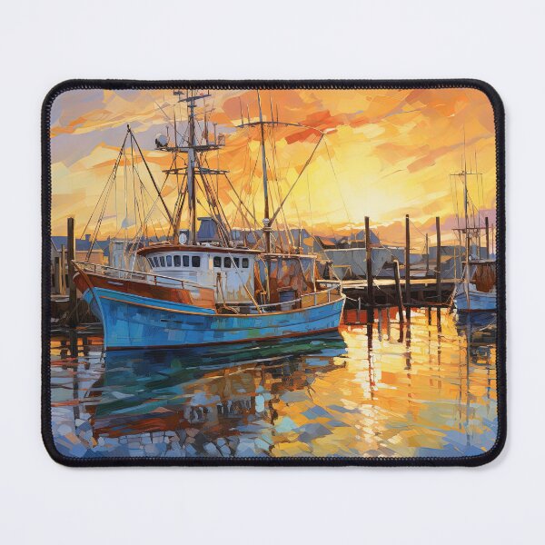 Item preview, Old boats in harbor at sunrise - Acrylic landscape painting designed and sold by TheArtistOf2022.