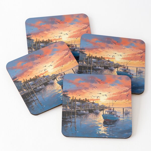 Item preview, Old boats in harbor at sunrise - Acrylic landscape painting designed and sold by TheArtistOf2022.