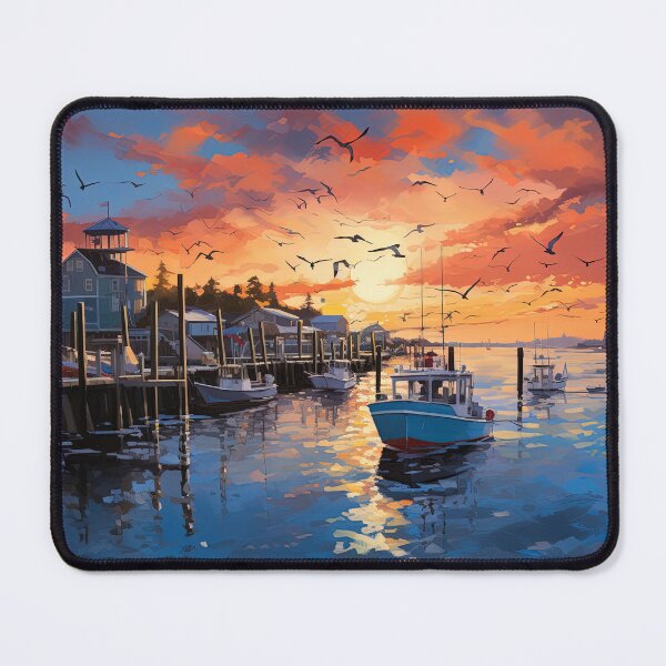 Item preview, Old boats in harbor at sunrise - Acrylic landscape painting designed and sold by TheArtistOf2022.