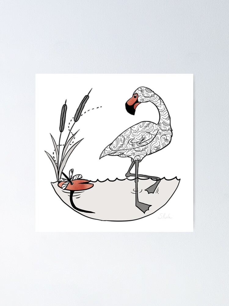 Flamingo & Dragonfly, Funny Wild Animal Illustration, Black & White with  Rose Gold Metallic Accent, Tropical Bird Cartoon