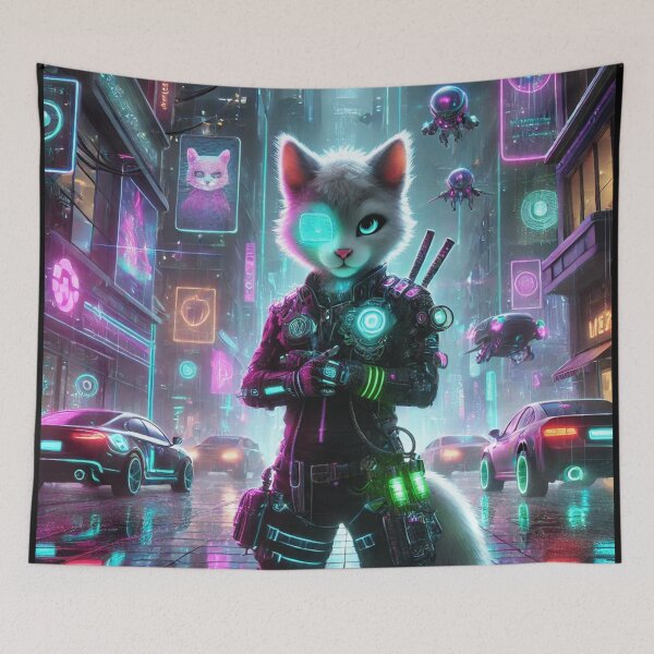 Item preview, Futuristic Cat Warrior in Neon District designed and sold by TeslaSt0re.