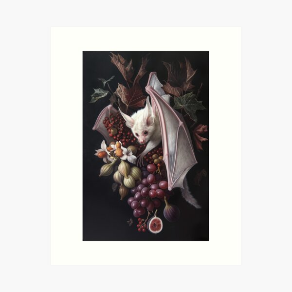 Vista previa del artículo con la obra «Murciélago híbrido albino con frutas y flores exóticas», diseñado y vendido por Barbzzm.