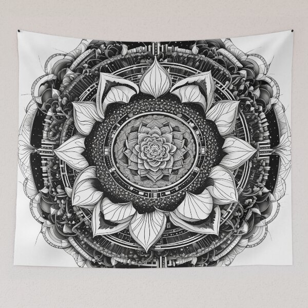 Item preview, Intricate Floral Mandala in Black and White with Organic and Geometric Details designed and sold by MandalasShops.