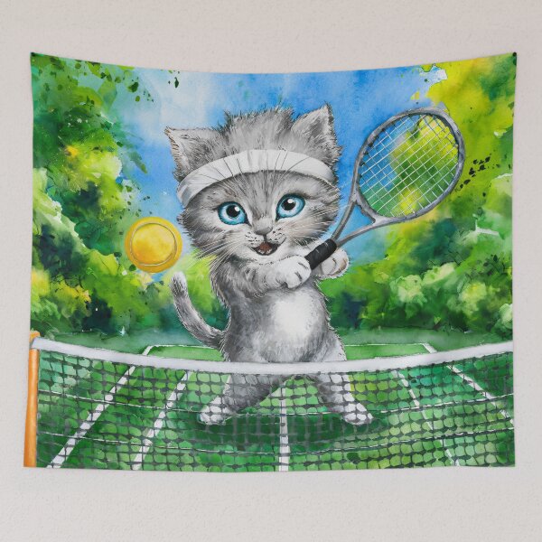 Item preview, A Cute Gray Kitten Playing Tennis designed and sold by pixelplaza.