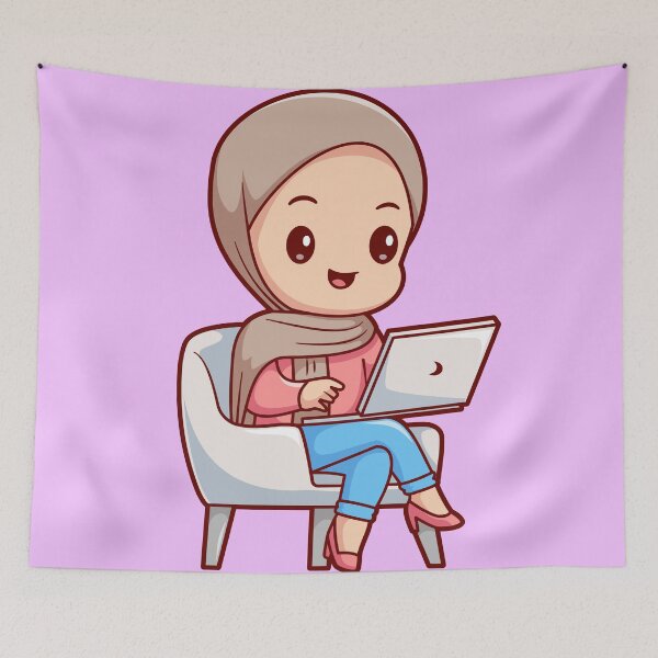 Item preview,  Cute Girl in Hijab Working on Laptop Cartoon Vector Icon designed and sold by hjian8219.