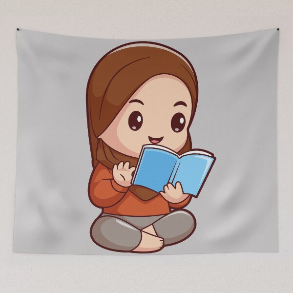 Item preview, Cute Girl in Hijab Reading Book Cartoon Vector Icon designed and sold by hjian8219.