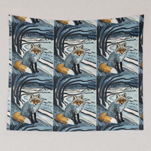 Item preview, Fox Portrait. Winter season, snowy fox, vintage fox, fox painting, Edvard Munch style designed and sold by FoxVibes.