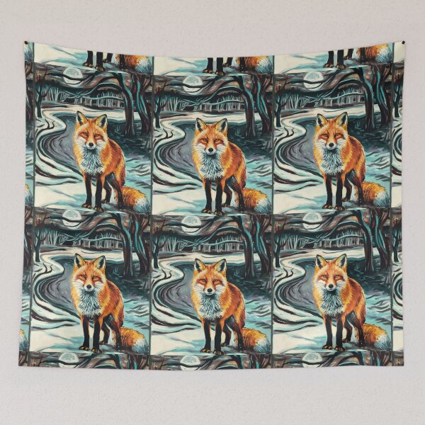 Item preview, Fox Portrait. Winter season, snowy fox, vintage fox, fox painting, Edvard Munch style designed and sold by FoxVibes.