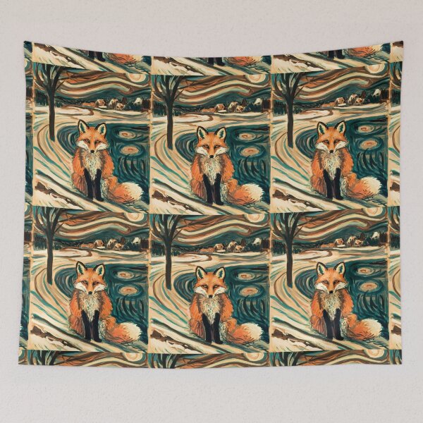 Item preview, Fox Portrait. Winter season, snowy fox, vintage fox, fox painting, Edvard Munch style designed and sold by FoxVibes.