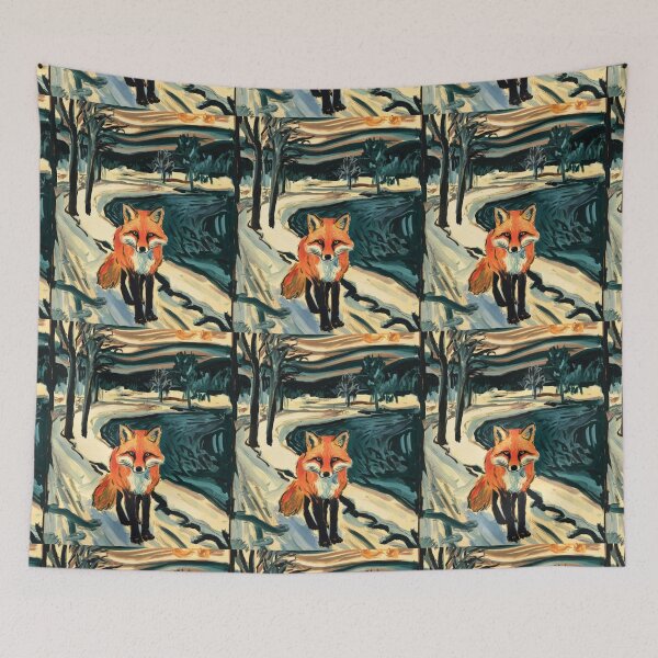 Item preview, Fox Portrait. Winter season, snowy fox, vintage fox, fox painting, Edvard Munch style designed and sold by FoxVibes.