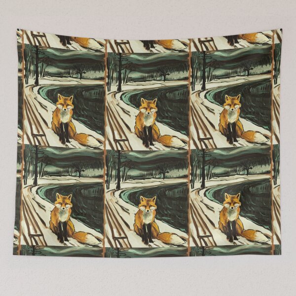 Item preview, Fox Portrait. Winter season, snowy fox, vintage fox, fox painting, Edvard Munch style designed and sold by FoxVibes.